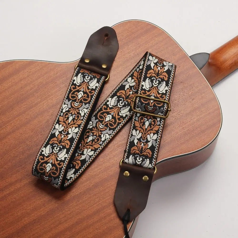 Vintage Flowers Embroidered Guitar Strap Leather Head Tail Nail Pick Guitar Strap Belt Adjustable Ultra Thick