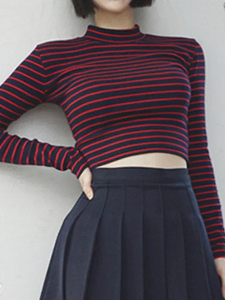 2024 Striped Elegance: Chic Turtleneck Crop Top, Slim Fit, Long Sleeves. All-Match Classic Sexy.