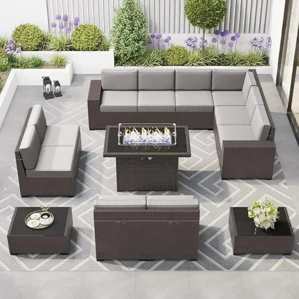 15 Piece Patio Furniture Set ,with Fire Pit Table, Outdoor Conversation Set Wicker Rattan Sectional  with Coffee Table