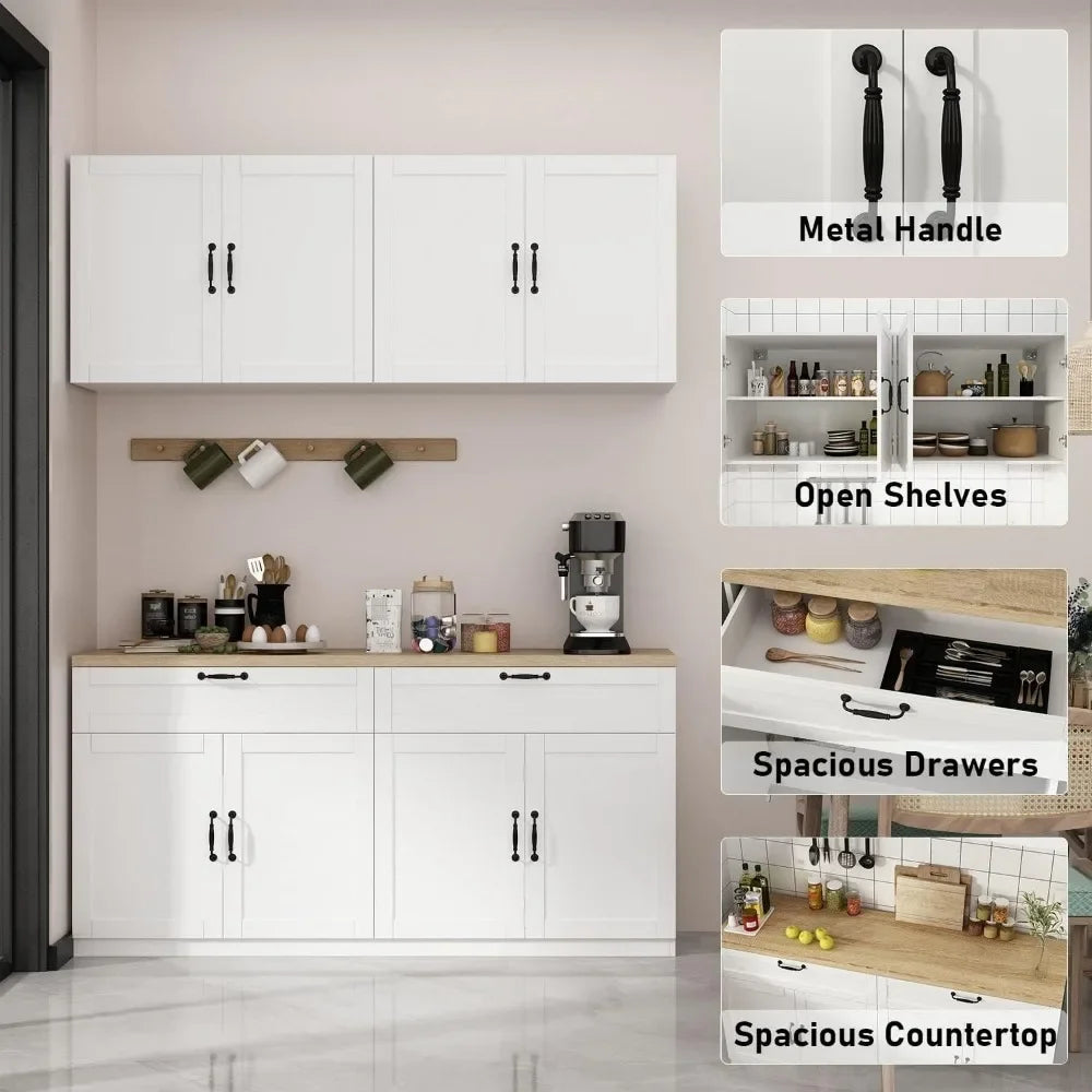 Wall-Mounted Kitchen Pantry Storage Cabinet with Countertop,Pantry Cabinet with Drawers Doors, Wall Cabinet for Kitchen