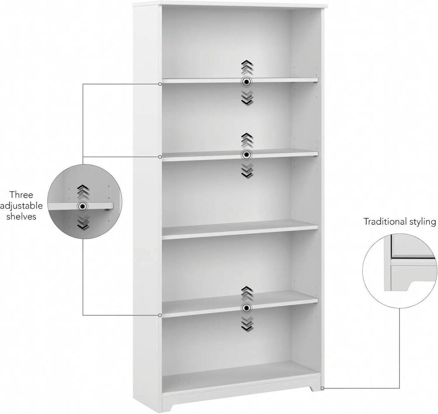 Tall 5 Shelf Bookcase | Large Open Bookshelf in White | Sturdy Display Cabinet for Library, Living Room, and Home Office