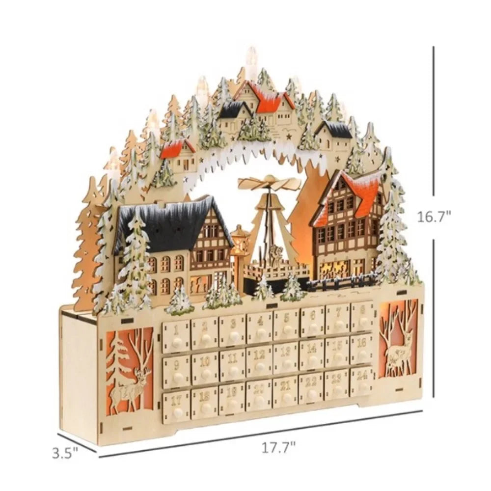 This Christmas Village Advent Calendar adds a festive charm with 18 LED lights beautifully illuminating the Christmas scene