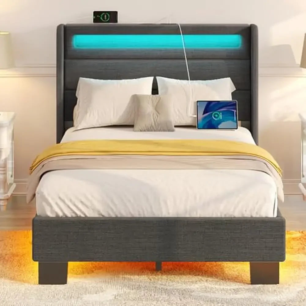 LED Twin Size Bed Frame with Charging Station and Motion Activated Night Light Dark Gray USB Port Remote Control Modern Style