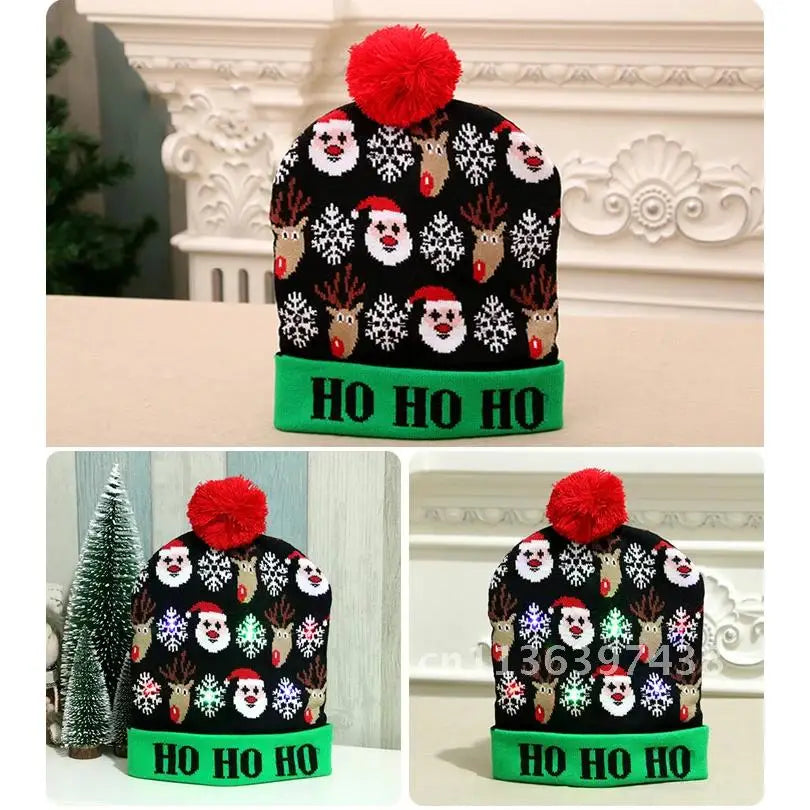 Knitted LED Christmas Hat  Beanie Light Up Illuminate Warm Hat Christmas Tree Snowman Kids Adults New Year Christmas Decor