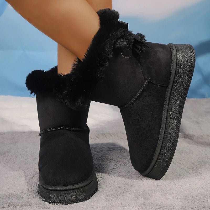 Winter Faux Suede Women Fluffy Snow Boots Warm Plush Platform Ankle Booties Woman Bow Slip On Cotton Boots 36-42