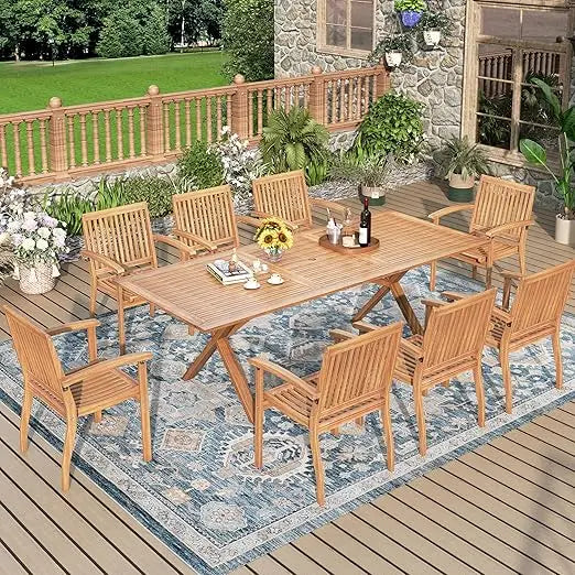 Acacia Wood Outdoor Dining Set, Expandable Dining Table(1.97" Umbrella Hole) and 6 Wooden Chairs, 7Pieces Patio Dining Table Set