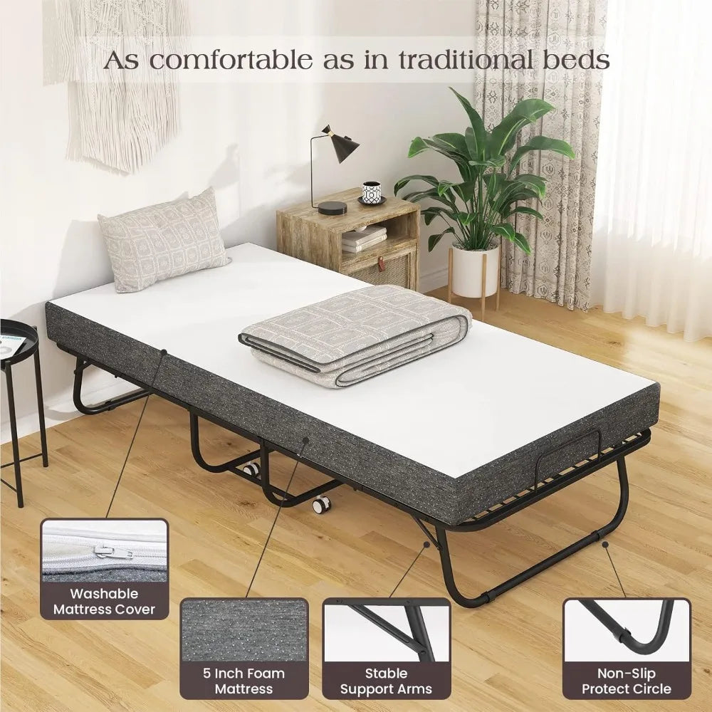 Folding bed with mattress, including storage cover, folding bed with memory sponge mattress, and metal frame with wheels