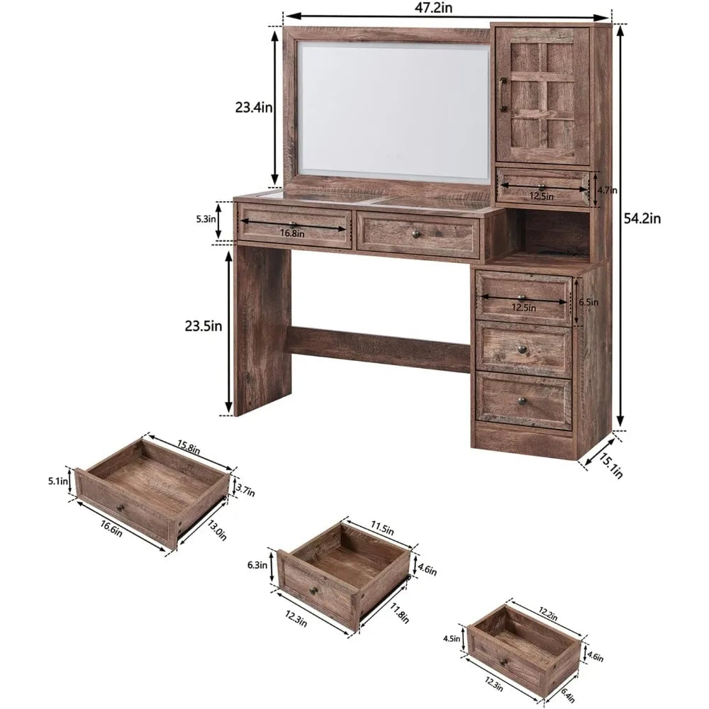 Vanity Desk with Touch Screen LED Mirror, 47" Big Make Up Table with 6 Drawers, Glass Top, Charging Station, Dressing Table