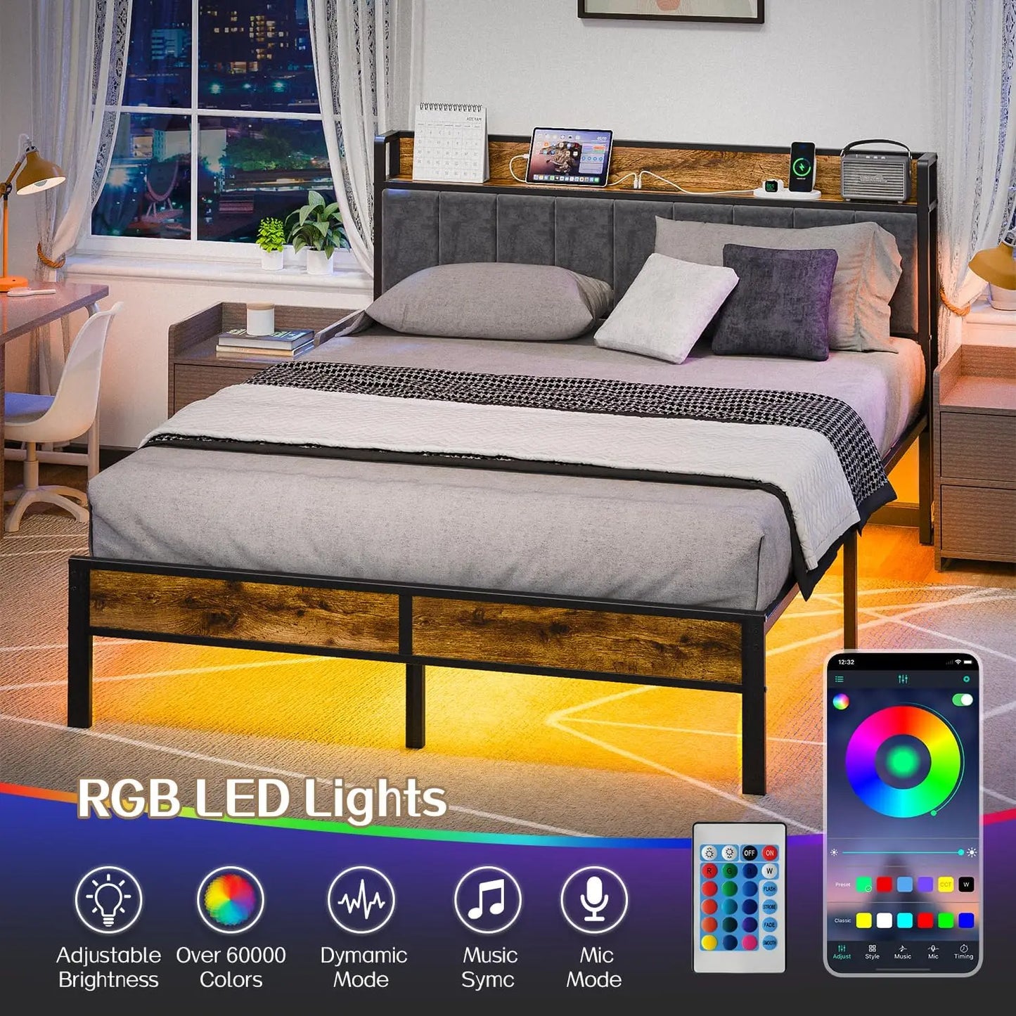 Queen Bed Frame with Headboard, Metal Platform Bed with Smart LED Lights and USB Charging Station, Easy Assembly, No Box Spring