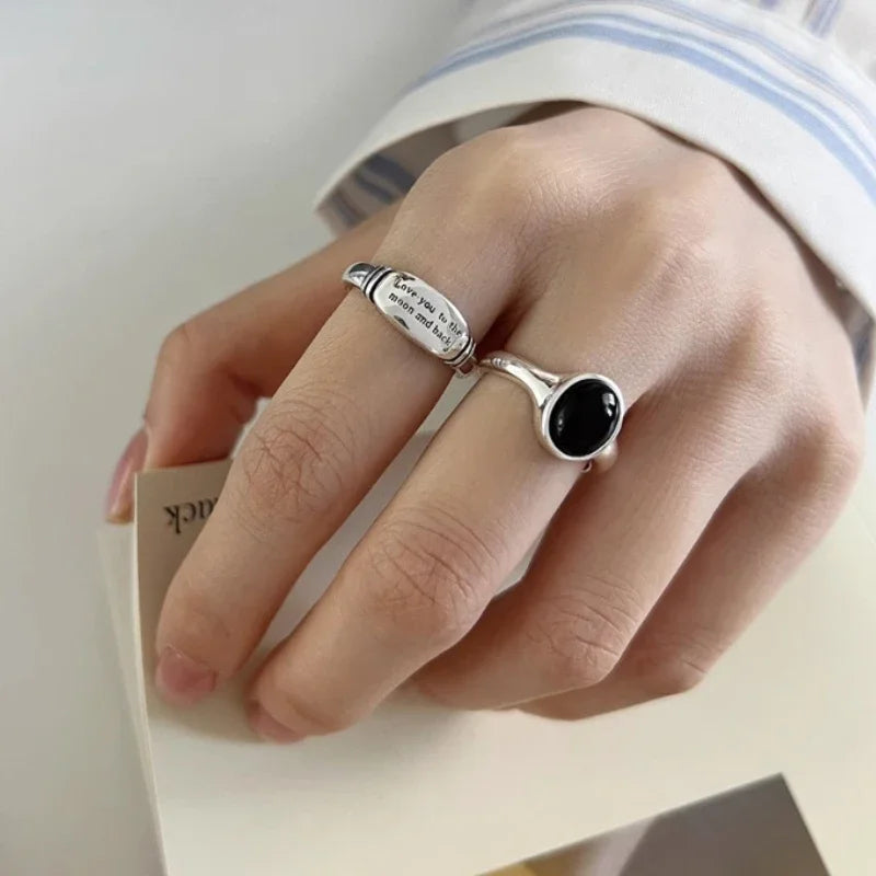 925 Sterling Silver Black Stone Letters Rings for Women Fashion Geometric Vintage Handmade Irregular  Ring Party Gifts