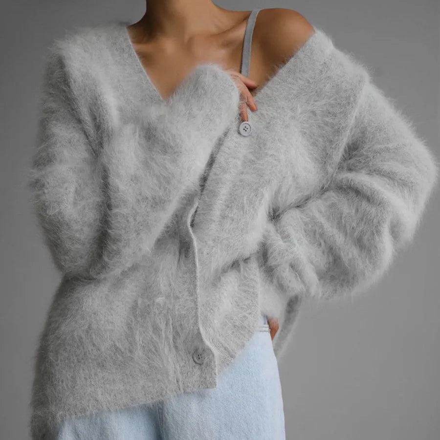 Elegant Mohair Knitted Cardigans Loose O Neck Single Breasted Long Sleeve Sweater Fall Clothes 2024 Women Pink Cardigan Luxury