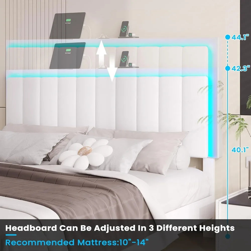 Bed Frame with Led Lights and Charging Station Platform Bed Frame with Adjustable Headboard Faux Leather Profile Platform Bed