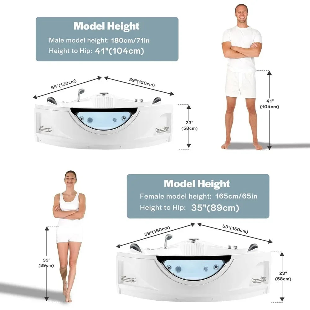 Whirlpool Bathtub with Heater,59 in 2 Person Jetted Tub with Light,Spa Hydromassage with Chromatherapy,Acrylic