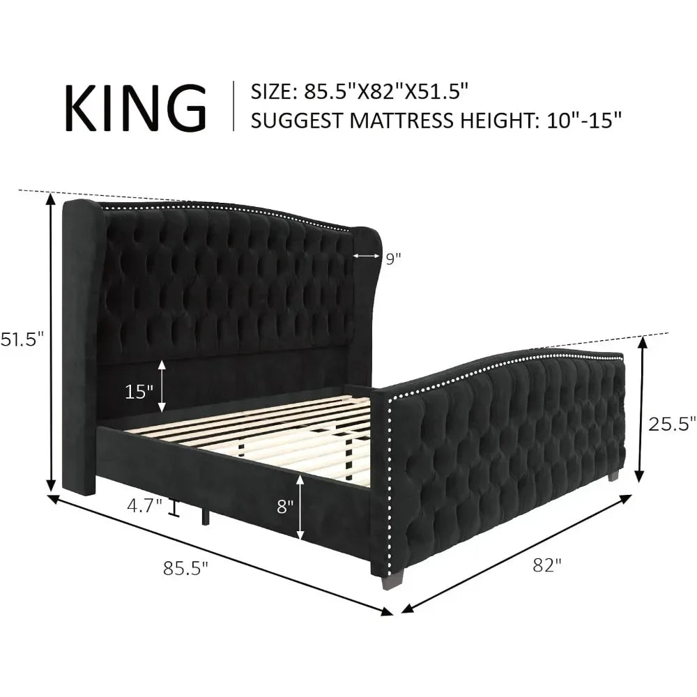 King Size Platform Bed Frame, Velvet Upholstered Bed with Deep Button Tufted & Nailhead Trim Wingback Headboard