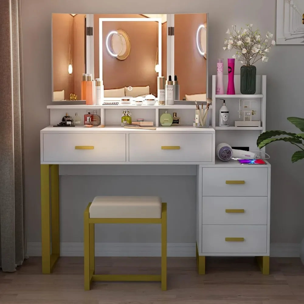 Vanity Set with Lighted Tri-fold Mirror, 45.59'' Large Vanity Desk with Charging Station,Storage Stool Makeup Vanity for Bedroom