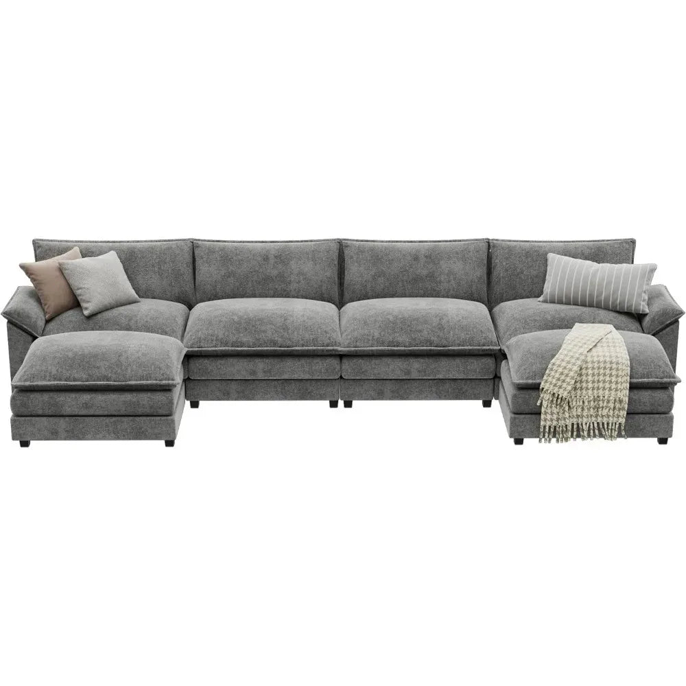 U Shaped Chenille Fabric Couch , with High Supportive & Soft Sponges and Removable Ottoman,Sectional Modular Sofa