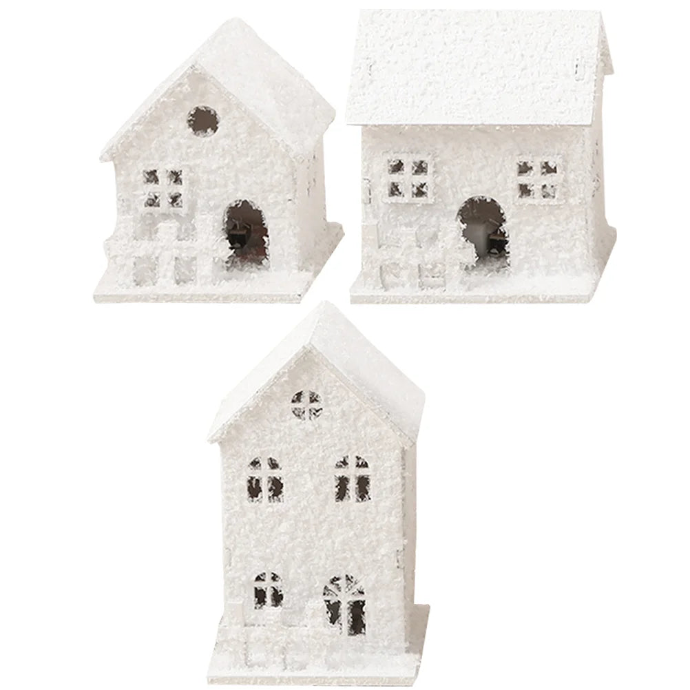 3 Pcs Christmas House Wood Craft Decor Village Accessories Glowing Rustic Crafts Ornament Cardboard Design Cabin