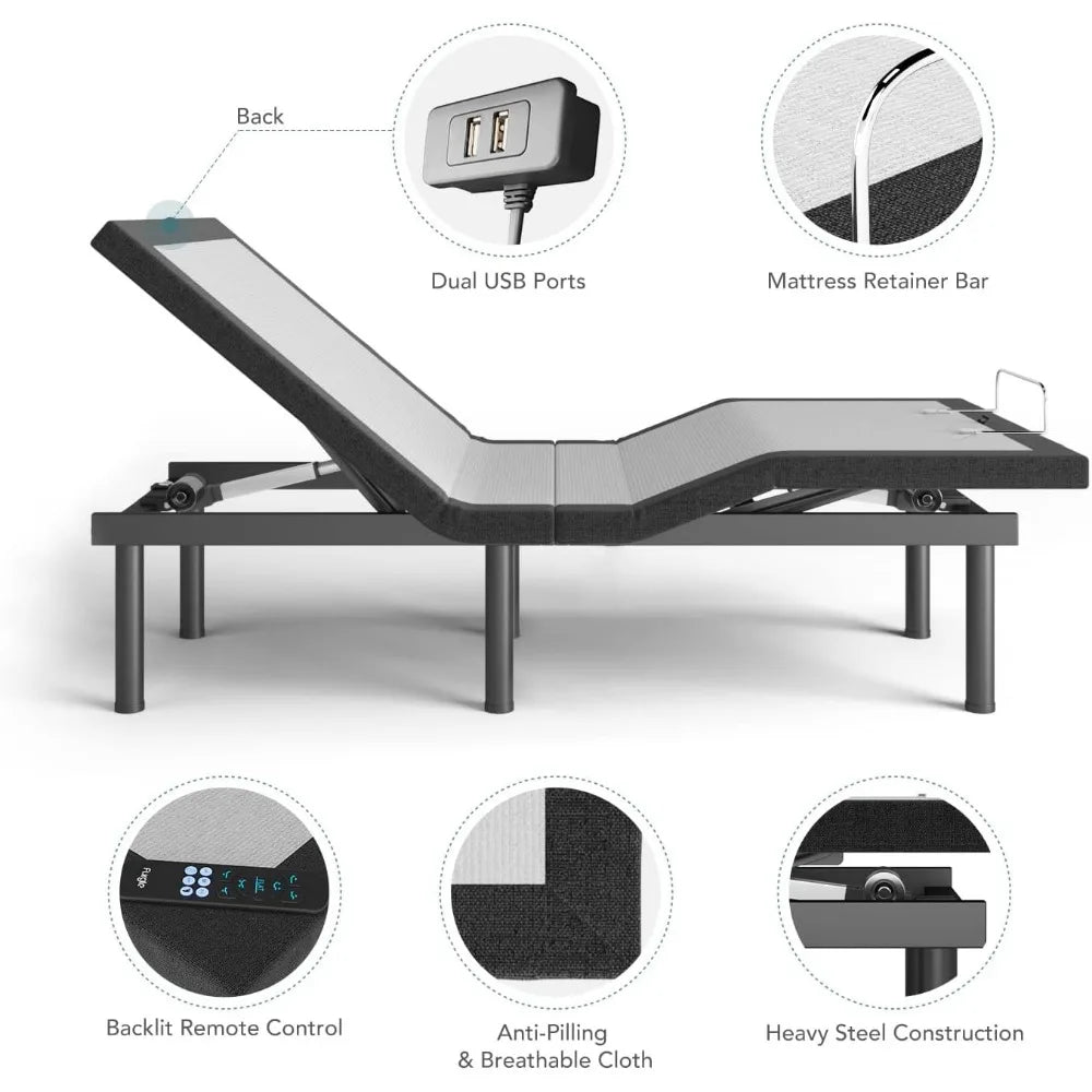 Adjustable Bed Frame, Adjustable Bed Base for Stress Management, Zero Gravity Base, Head and Foot Incline with 3-Speed Massage