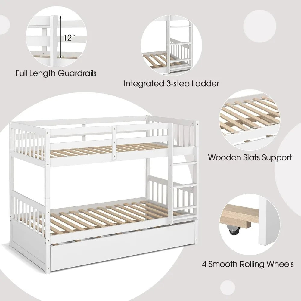 Twin Over Twin Bunk Bed with Trundle, Convertible Platform Bed Frame with Ladder & Solid Wood Frame, Space-Saving Bunk Bed