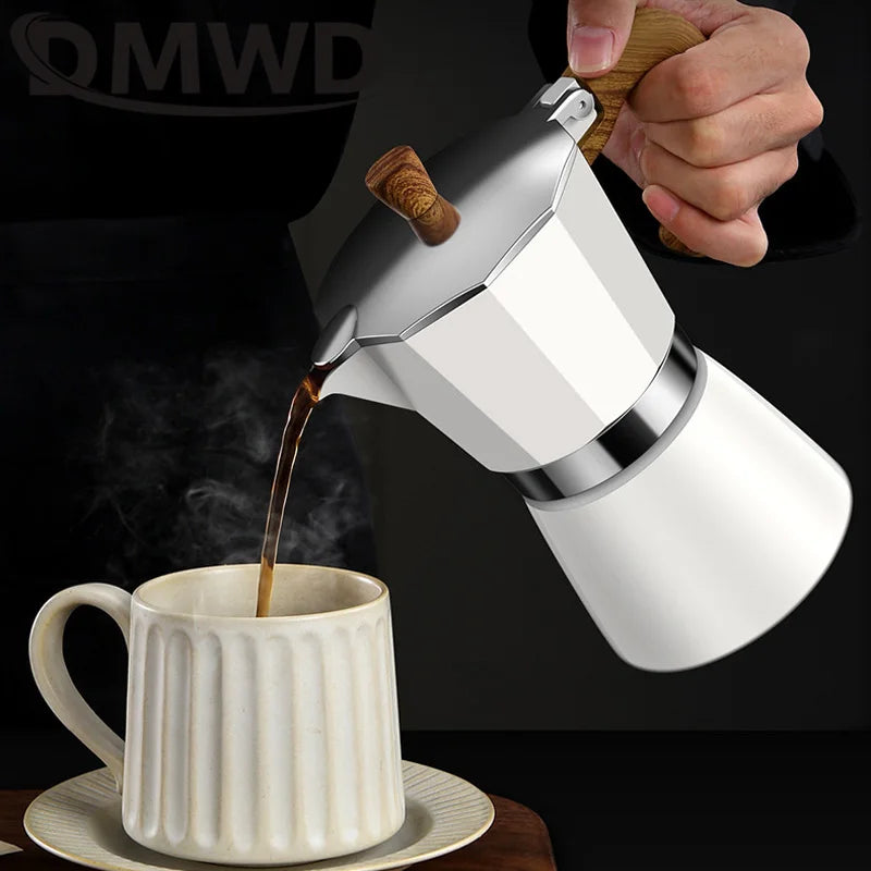 DMWD Vintage Wooden Handle Espresso Maker Moka Pot 300ml With Electric Furnace Classic Italian Cafe Tools Mocha Coffee Maker