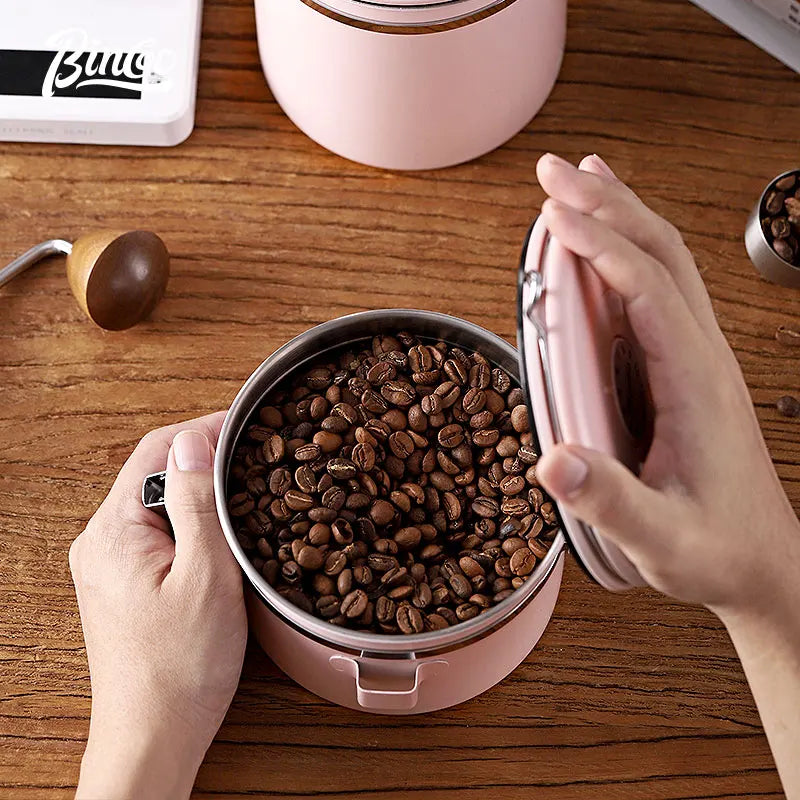 Bincoo coffee bean seal can unidirectional exhaust pink 304 stainless steel storage can holding coffee powder container snap