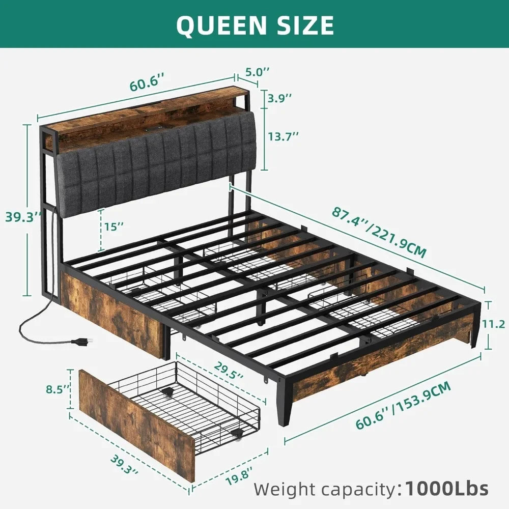 Queen Size Bed Frame, Upholstered Platform Bed Frame with Charging Station/4 Drawers, Storage Headboard Metal Bed Frame with USB