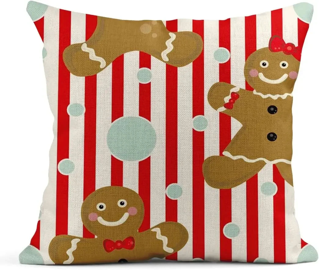 Throw Pillowcase Red and White Candy Cane Gingerbread Man Square Linen Home Decoration Cushion Cover Sofa 45x45 pillow case