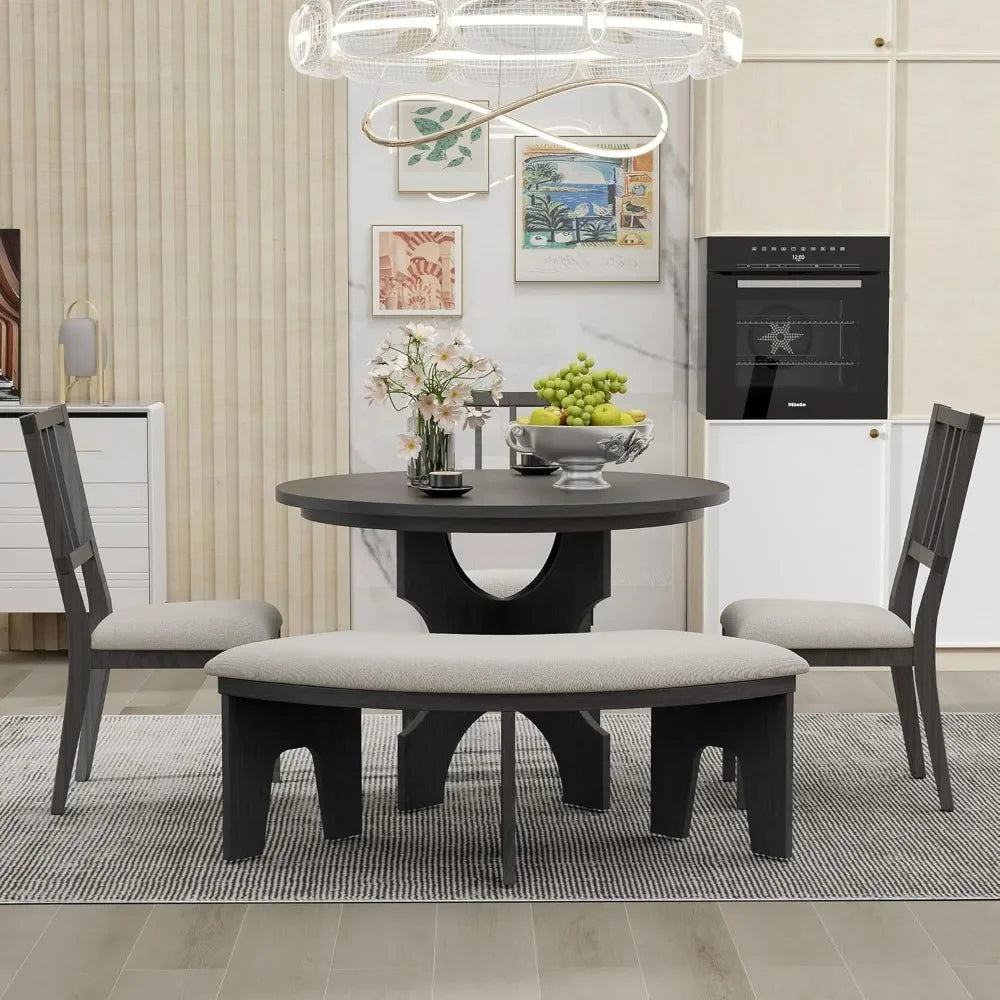 5-Piece Round Dining Table Set for 4 Round Kitchen Table Set with Curved Bench&3 Chairs Retro Round Dining Room Set for Kitchen