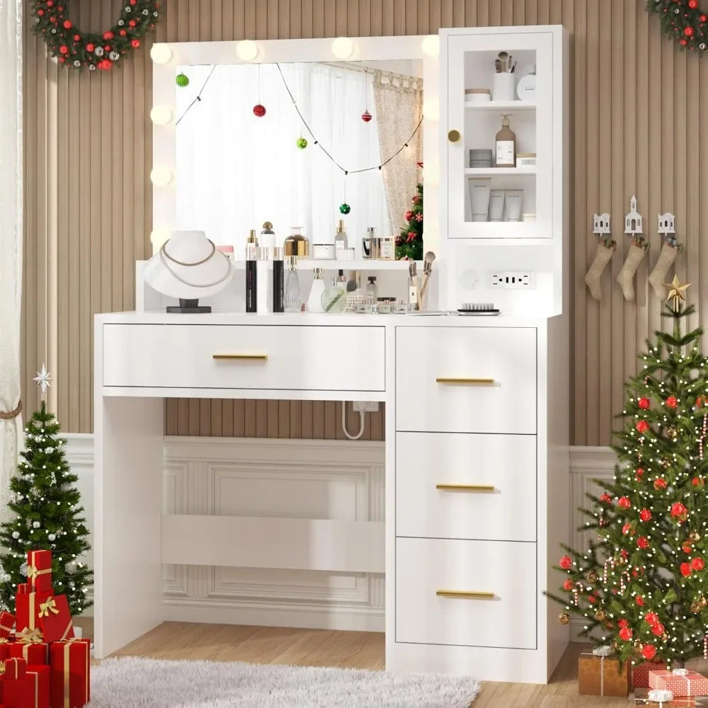 White Vanity with Mirror and Lights, Makeup Vanity Desk with 4 Drawers,Glass Door Storage Cabinet,Charger Station,3 Color Modes