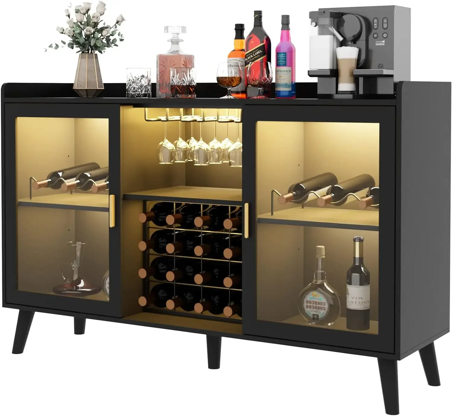 Wine Bar Cabinet with Led Light, Home Coffee Cabinet Glass Rack, Kitchen Buffet Sideboard  Freestanding Liquor Cabinet