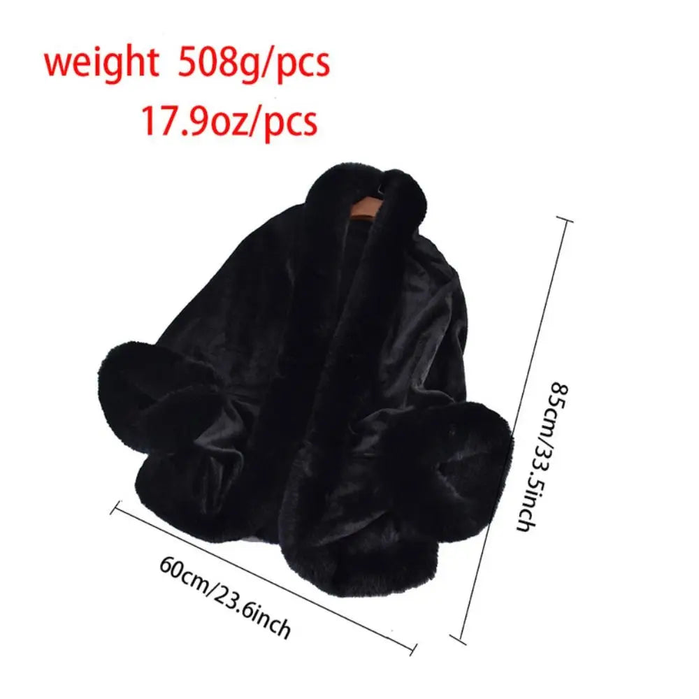 Trendy Winter Warm Plush Shawl Thicken With Sleeves Faux Fur Collar Shawl Coat Cardigan Cape