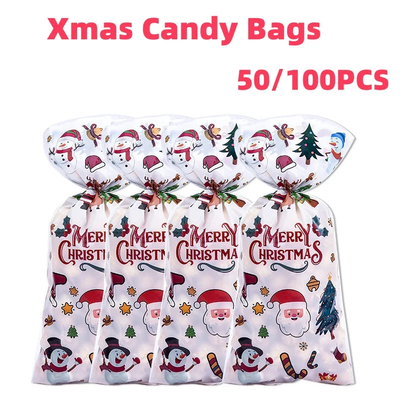 50/100PCS Christmas Candy Wrapping Bags Father Xmas Bags Biscuits Cookies Snacks Baking Bags Navidad Snowflake Elk Gift Bags