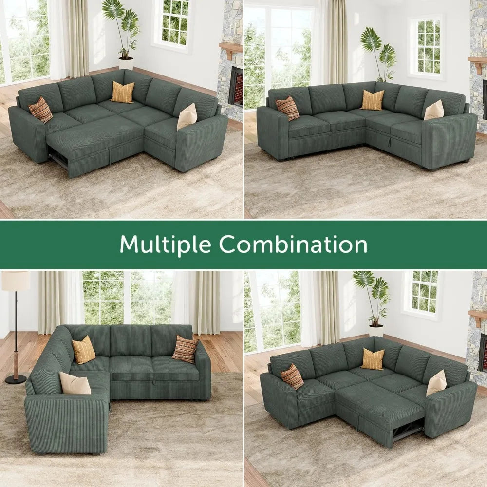 Sleeper Sofa with Pull Out Bed, Corduroy L Shaped Couch with Storage Seats, Convertible Sectional Couches for Living Room, Green