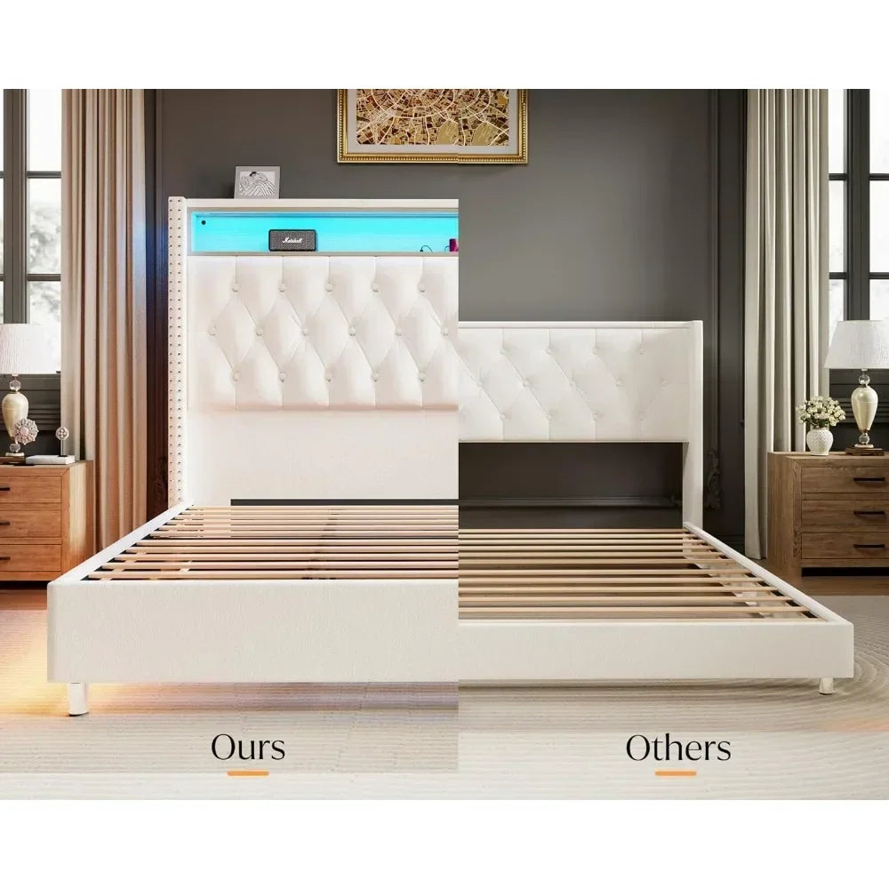 Queen Bed Frame with LED Lights Charging Station with Headboard Motion Night Lights, Velvet Tall Upholstered Platform Bed Frame