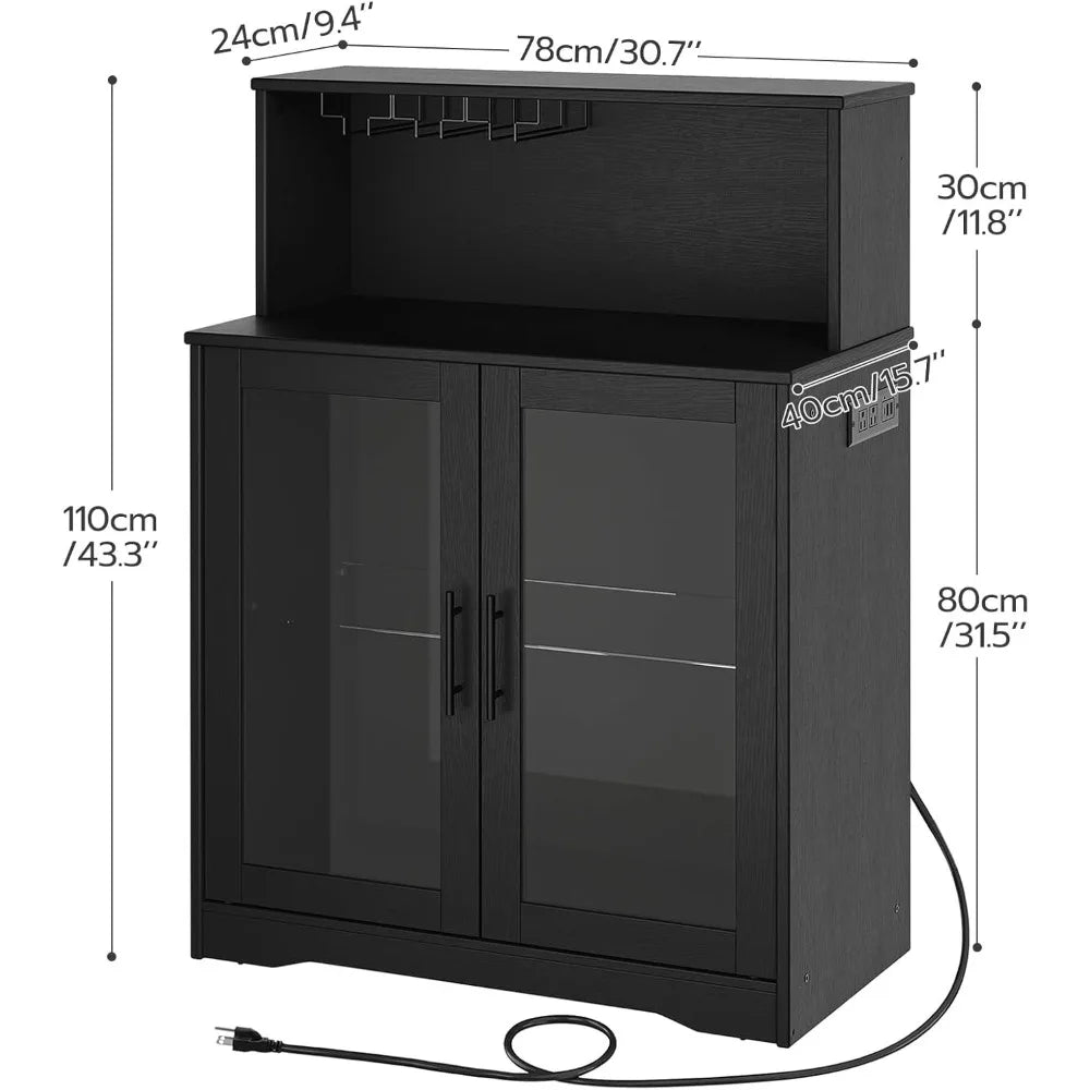 Wine Bar Cabinet with Storage, LED Liquor Cabinet with Power Outlets, Coffee Bar Cabinet for Liquor and Glasses