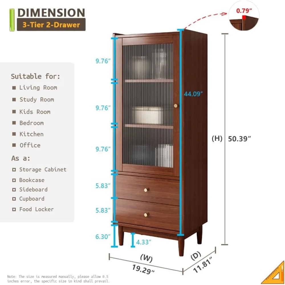 Wooden Glass Door Bookcase - 3-Tier Cube Bookshelf Storage Cabinet With Double Drawer and Adjustable Shelf Living Room Bookcase