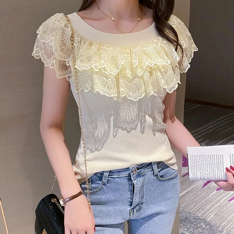 Casual Lace Knitted Tops T-shirts Women 2024 Fashion Elastic White Black Purple Top Sexy Ladies Kawaii T Shirts korean Clothes