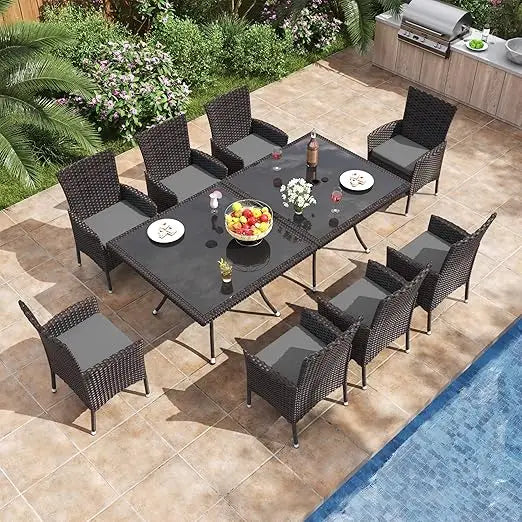 10 Piece Patio Dining Set,w/Tempered Glass Tabletop, Removable Cushions and Umbrella Hole ,Wicker Outdoor Patio Furniture Set