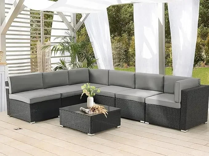 7 Pieces Patio Furniture Set, Modular Patio Set Wicker Outdoor Sectional Sofa Set PE Rattan Wicker Patio Conversation Set