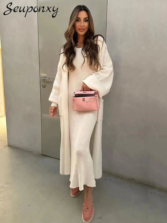 High Quality Women'S Solid Color Knitted Set, Sexy Long Sleeved Loose Long Cardigan Jacket+Sleeveless Dress Casual Two-Piece Set