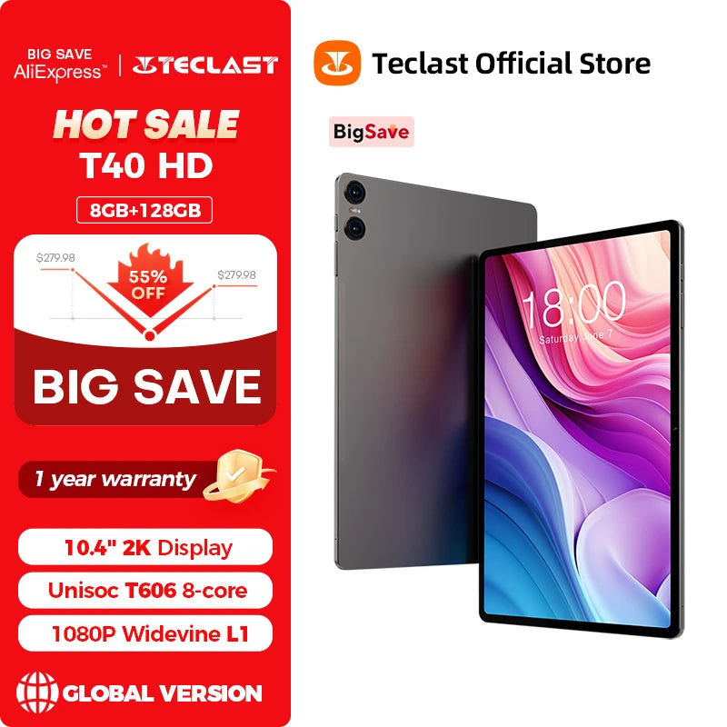 Teclast T40HD Tablet 10.4'' 2000x1200 FHD+ Display 8+8GB RAM 128GB ROM UNISOC T606 Octa Core Android 13 OS Widevine L1 Tablet 4G