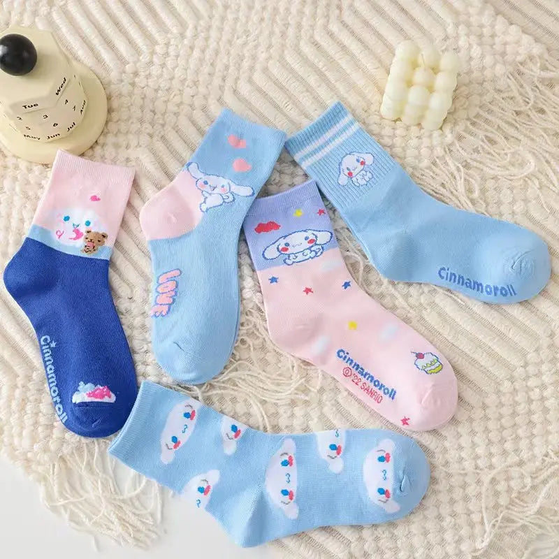 Kawaii Cute Sanrio Cinnamoroll Mid-Tube Socks Blue Combed Cotton Socks Candy Color Breathable Comfortable Girls Christmas Gift