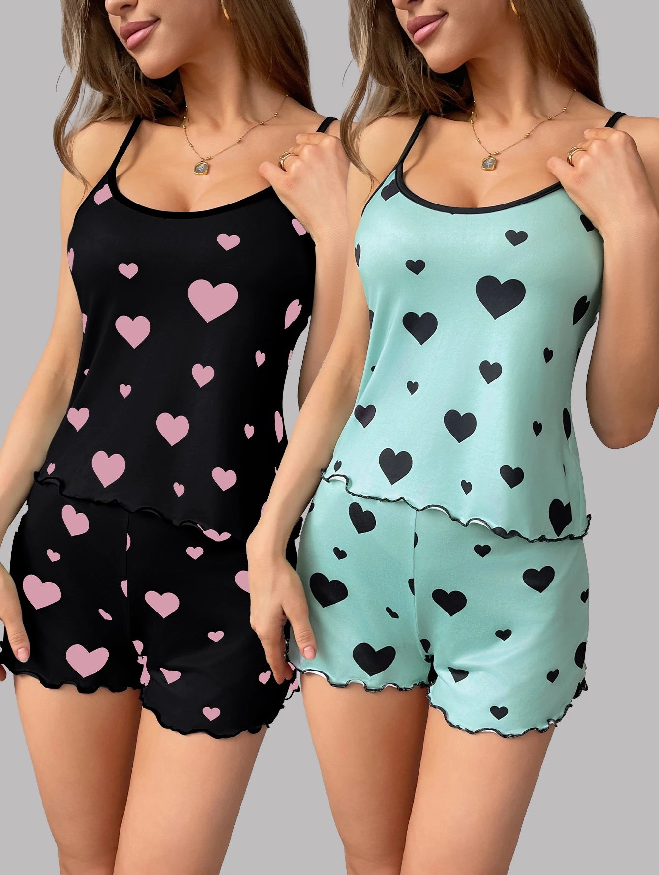 【 2 sets of combination 】 Women's love printed sexy backless camisole shorts pajama set comfortable home wear