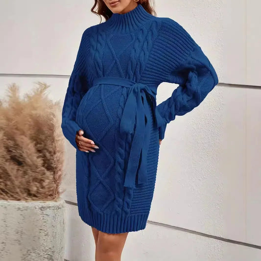 American Fashion Knitted Sweaters Dress for Maternity Autumn Winter Thick Warm Loose Straight Ties Slim Waist Clothes Pregnancy