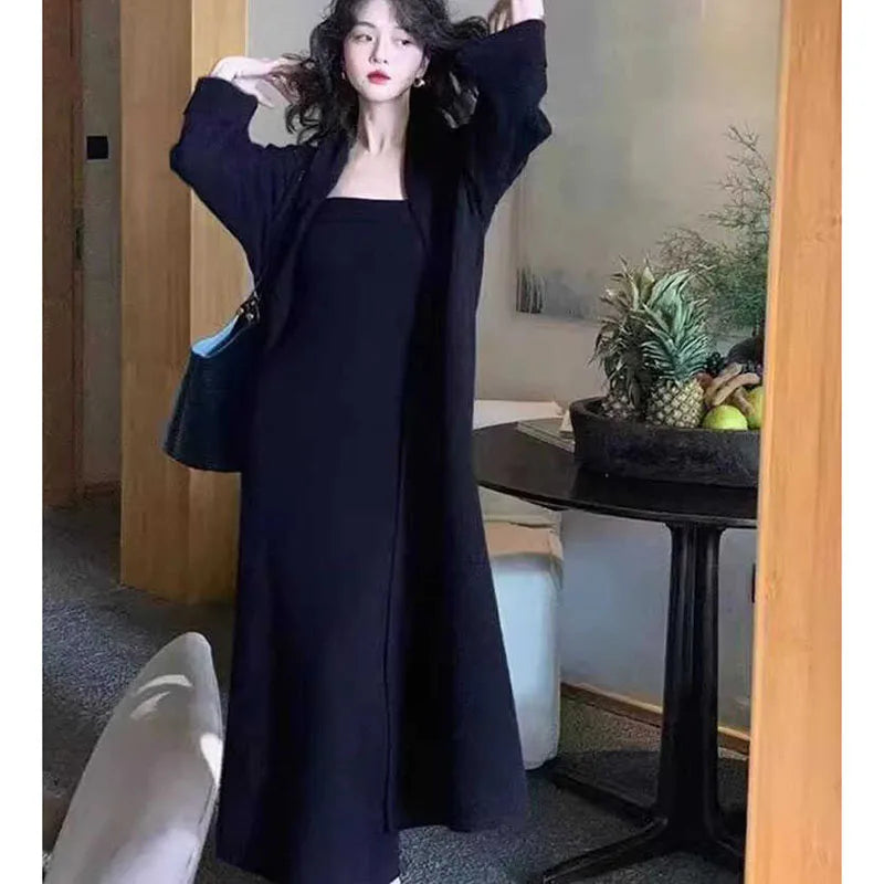 Korea Knitted Cardigan Sweater Strapless dress Suit Women's Mid-length Vintage Chic Coat Elegant Two-piece Autumn Winter 2025