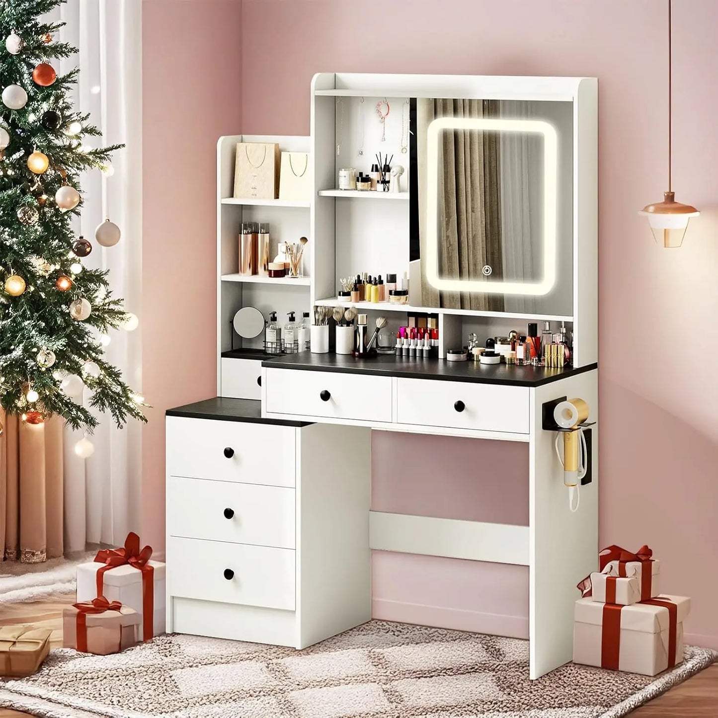 Vanity Desk with Large HD Mirror & Adjustable Lights, with Lots Storage with Hair Dryer Holder & Power Strip, Makeup Desk