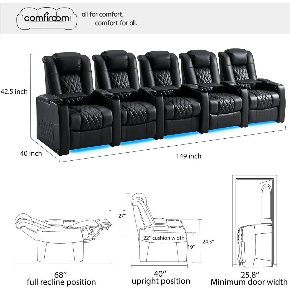 Reclining Sofas, Top Grain Nappa Leather Recliner Chairs Dual Power Electric Headrest with Tray Table Type-C USB, Movie Sofa