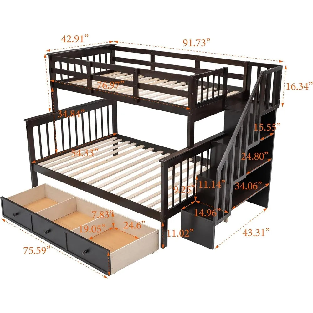 Bunk Bed ,with Stairs, with Storage Drawers and Shelves, No Box Spring Needed, Wood Bunk Bed Frame