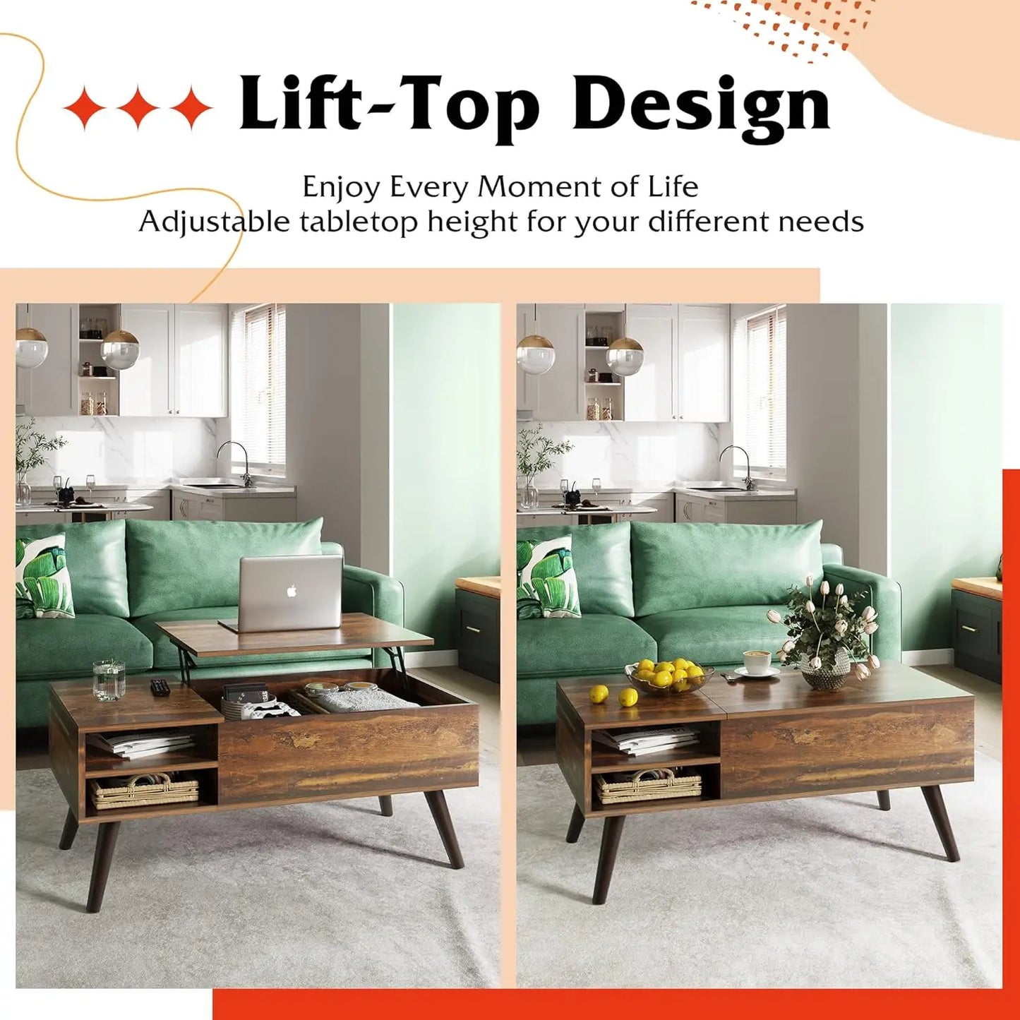 Lift Top Coffee Table with Hidden Compartment and Adjustable Storage Shelf, Lift Tabletop Dining Table for Home Living Room