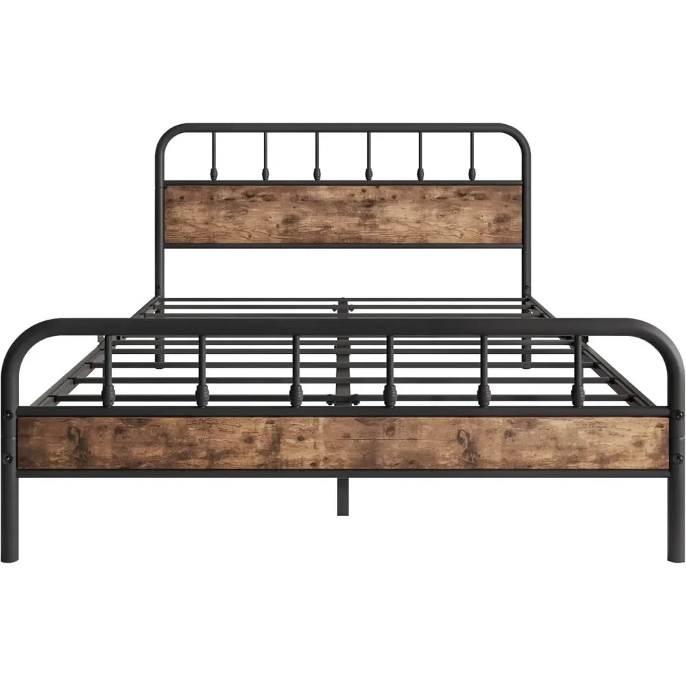 Black Queen Bed Frame with Headboard,Metal Platform Bed Frames,No Box Spring Needed,Easy Assembly Rustic Brown